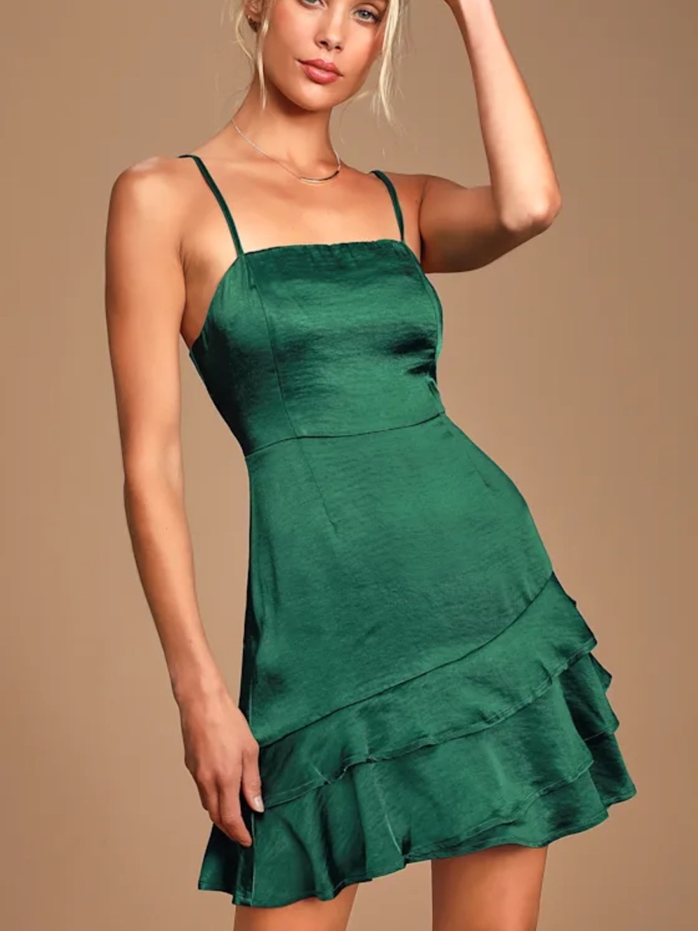 Lulus - Dreams Come True Emerald Green Satin Ruffled Mini Dress